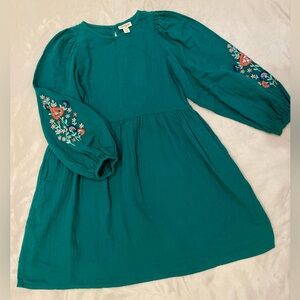 CAT & JACK Crewneck Cotton Embroidered Green Dress Girls (Size: L 10/12)